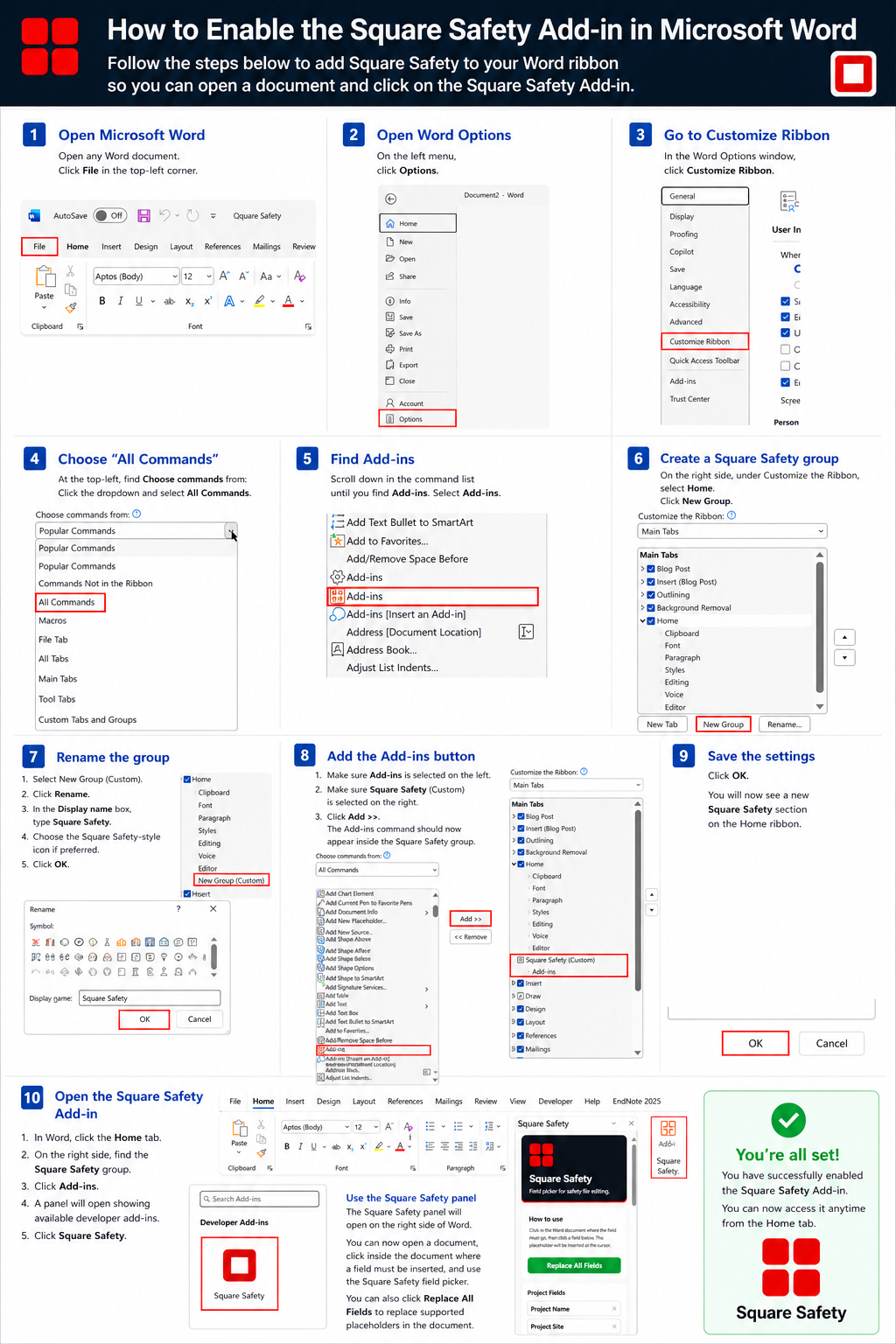 How to enable the Square Safety Add-in